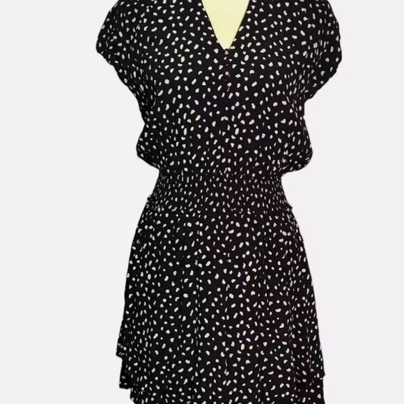 Rails Karla Mini Dress Black Ivory Spot Smocked Waist Large - Picture 7 of 9